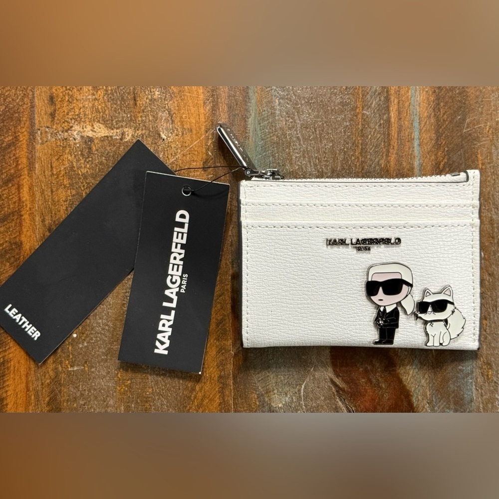 Karl Lagerfeld Winter White w/Silver Hardware Leather Zip Card Holder Wallet NWT